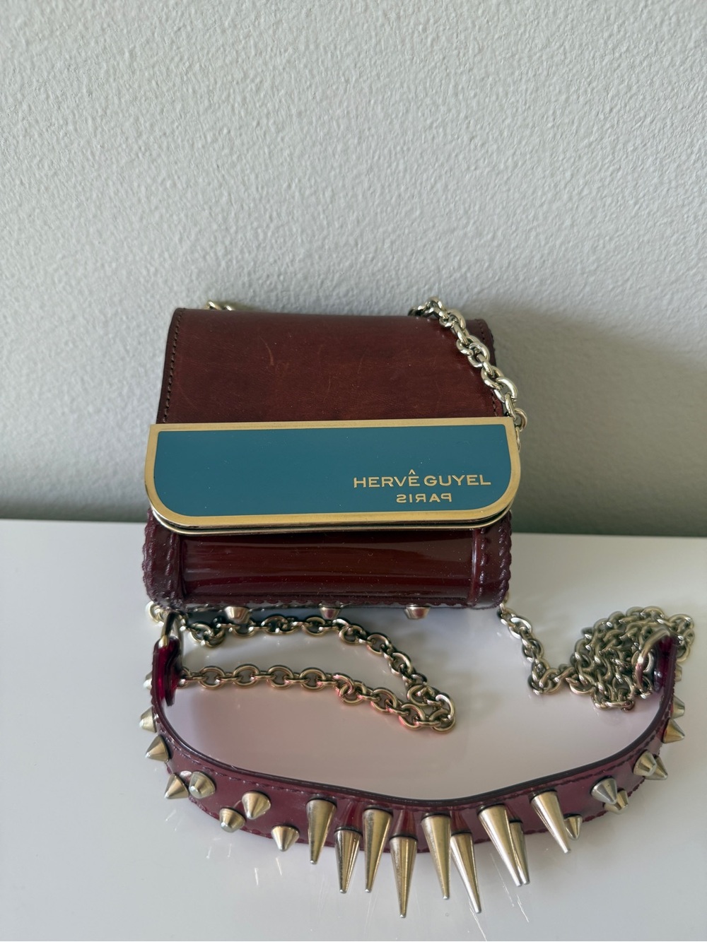 Burgundy Leather Spike Chain Crossbody Mini Bag